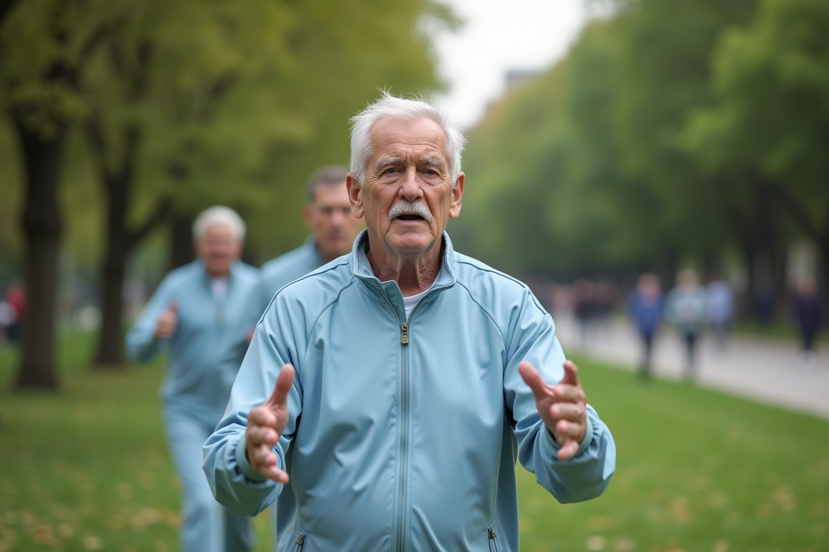 Homme âgé pratiquant des exercices en parc naturel
