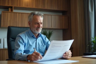Homme d'âge moyen en bureau avec plan de retraite