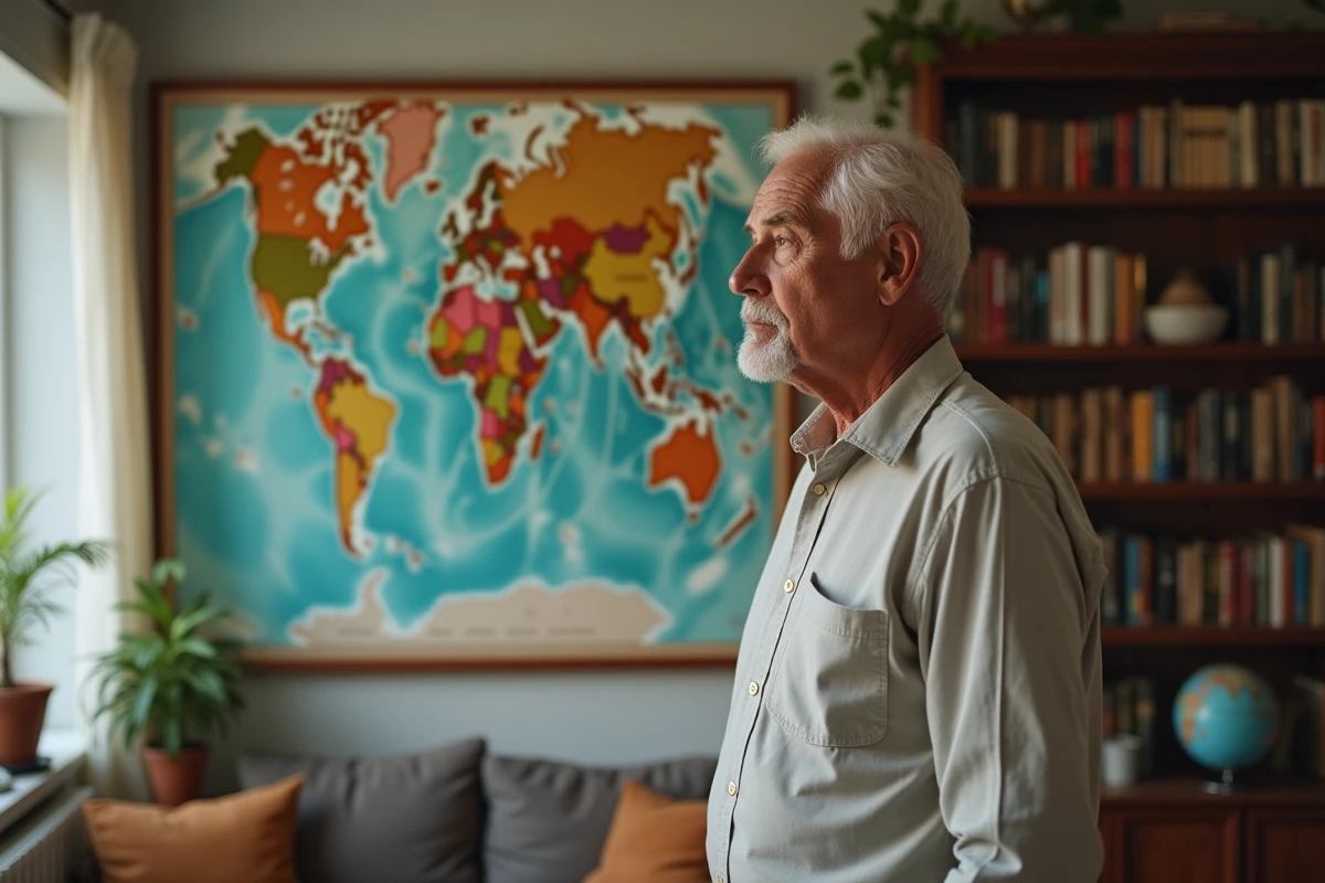 Homme retraité regardant une carte du monde dans son salon