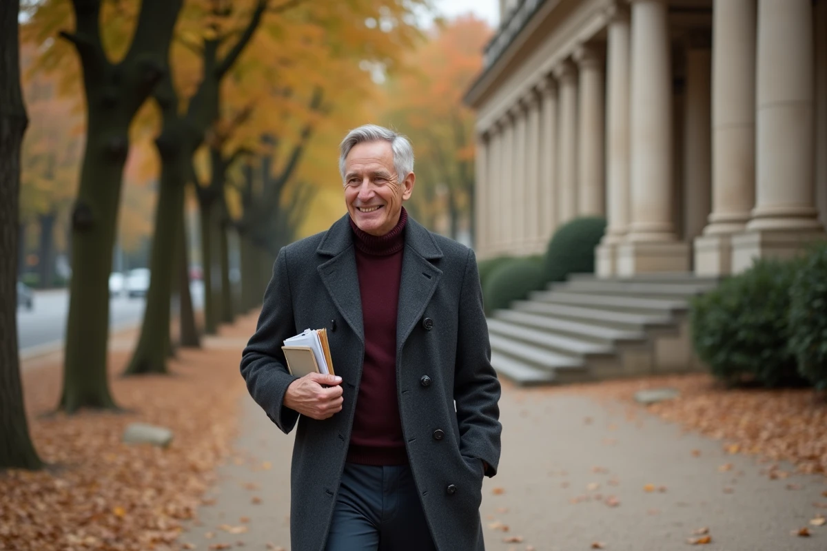Homme retraité élégant se promenant dans une allée parisienne arborée en automne avec un guide de sorties culturelles sous le bras