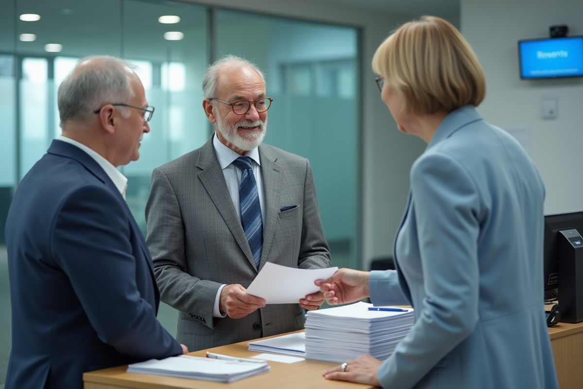 Homme senior recevant un formulaire de retraite au guichet