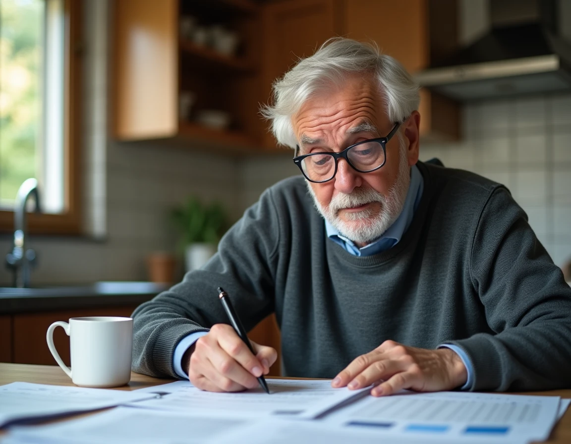 Homme à la retraite planifiant son préavis et vérifiant les délais administratifs sur des documents officiels à la maison
