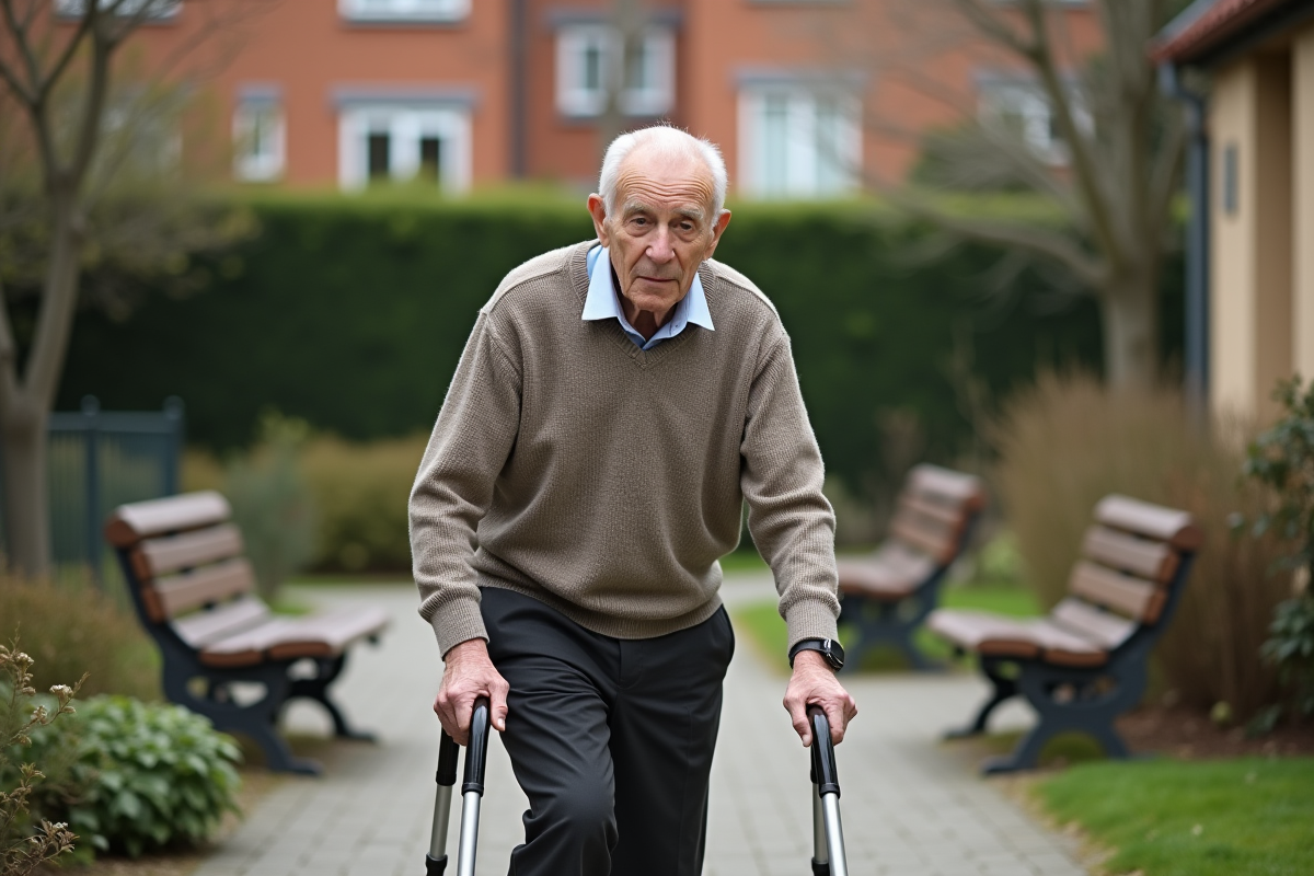 Homme agee utilisant un marchepied dans un jardin communautaire
