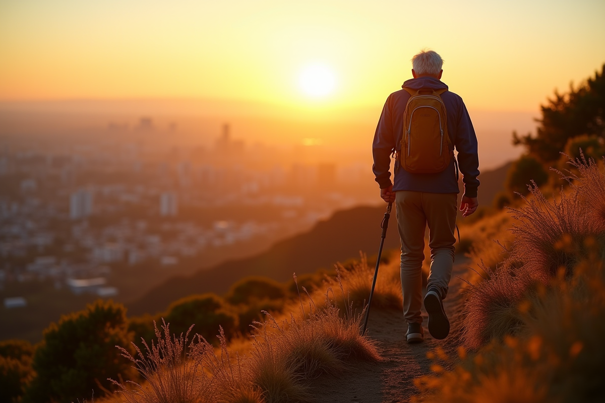 Homme senior en randonnée au lever du soleil avec vue sur la ville