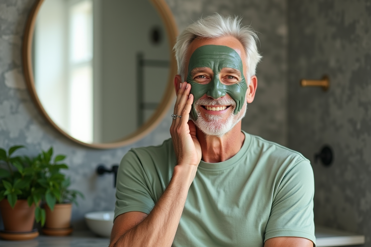 Homme actif appliquant un masque facial dans une salle de bain moderne