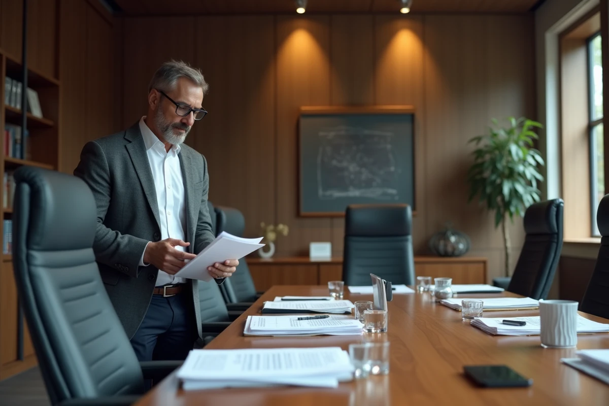 Homme en réunion triant des documents bancaires avec une tablette