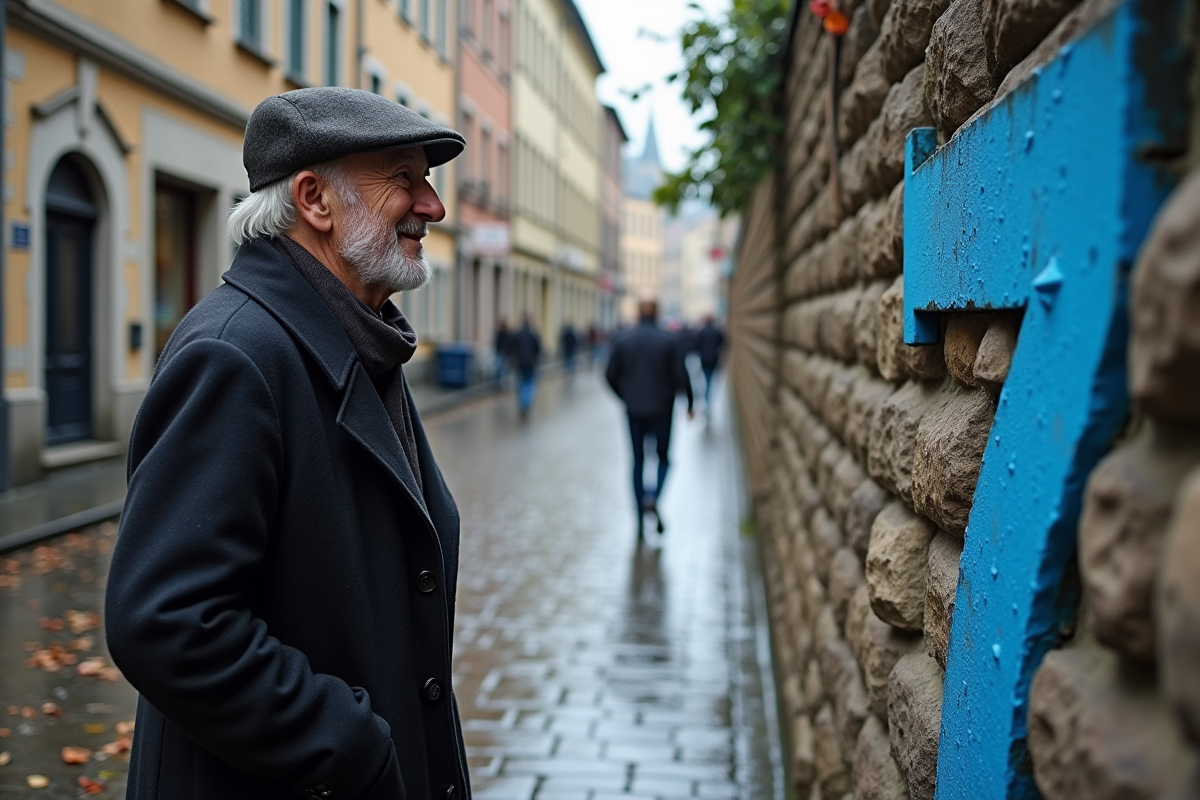 Homme âgé regardant un 7 peint en bleu sur un mur