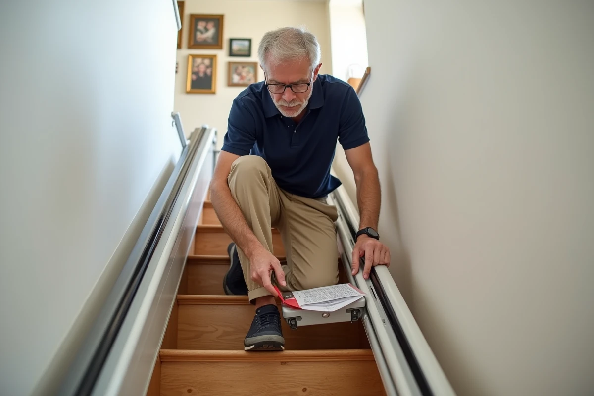 Homme installant un monte escalier amovible sans perçage sur un escalier intérieur moderne et étroit