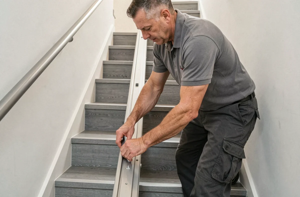 Technicien installant un monte escalier compact sur un escalier étroit dans un appartement moderne