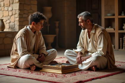 Homme d'âge moyen et jeune garçon jouant au Royal Game of Ur sur tapis persan