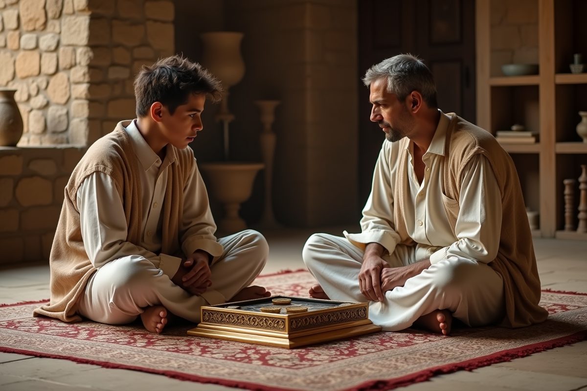 Homme d'âge moyen et jeune garçon jouant au Royal Game of Ur sur tapis persan