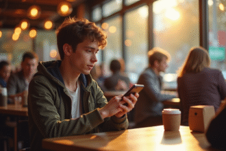 Jeune adulte utilisant un vieux téléphone à boutons dans un café animé