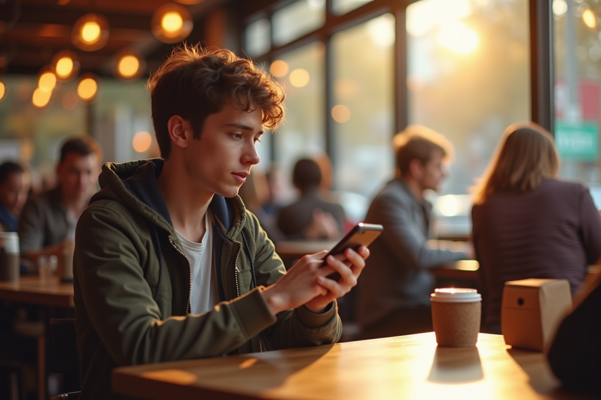 Jeune adulte utilisant un vieux téléphone à boutons dans un café animé