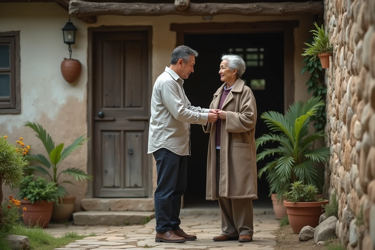 Jeune homme aidant une femme âgée à boutonner son manteau dehors
