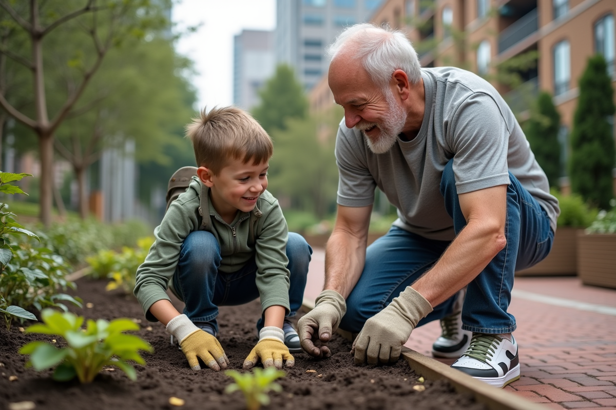 Un jeune garçon et un homme âgé plantent des fleurs dans un jardin urbain