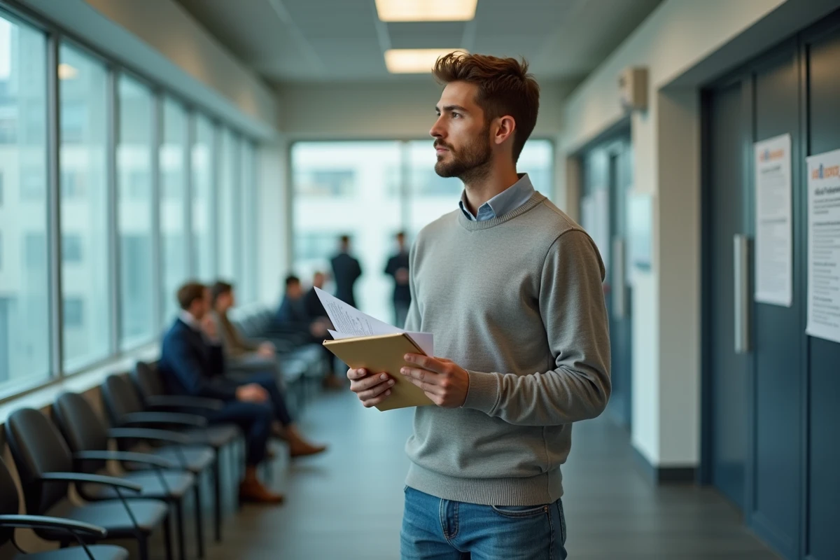 Jeune homme patient dans une salle d attente administrative