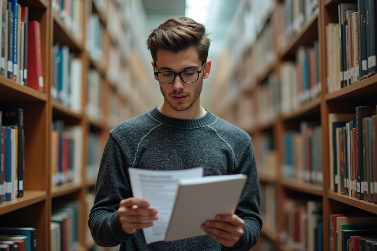 Jeune homme en bibliothèque étudiant documents académiques