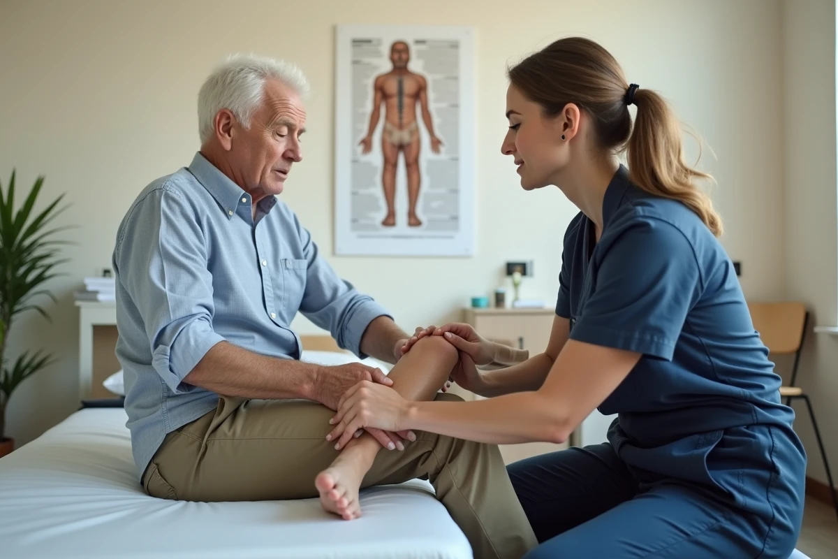 Kinésithérapeute évaluant la force musculaire des jambes d'un patient âgé lors d'une séance de rééducation en cabinet