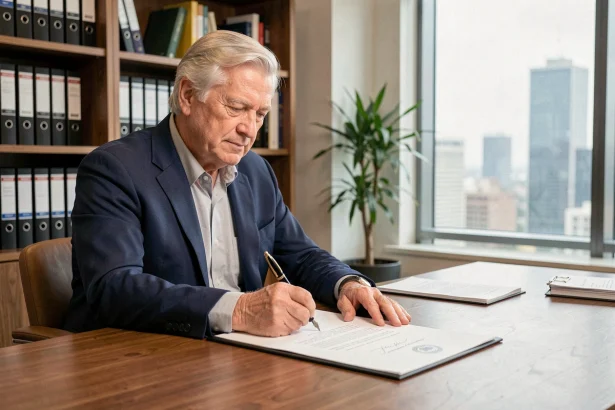Cadre senior signant sa lettre de départ à la retraite dans un bureau d'entreprise