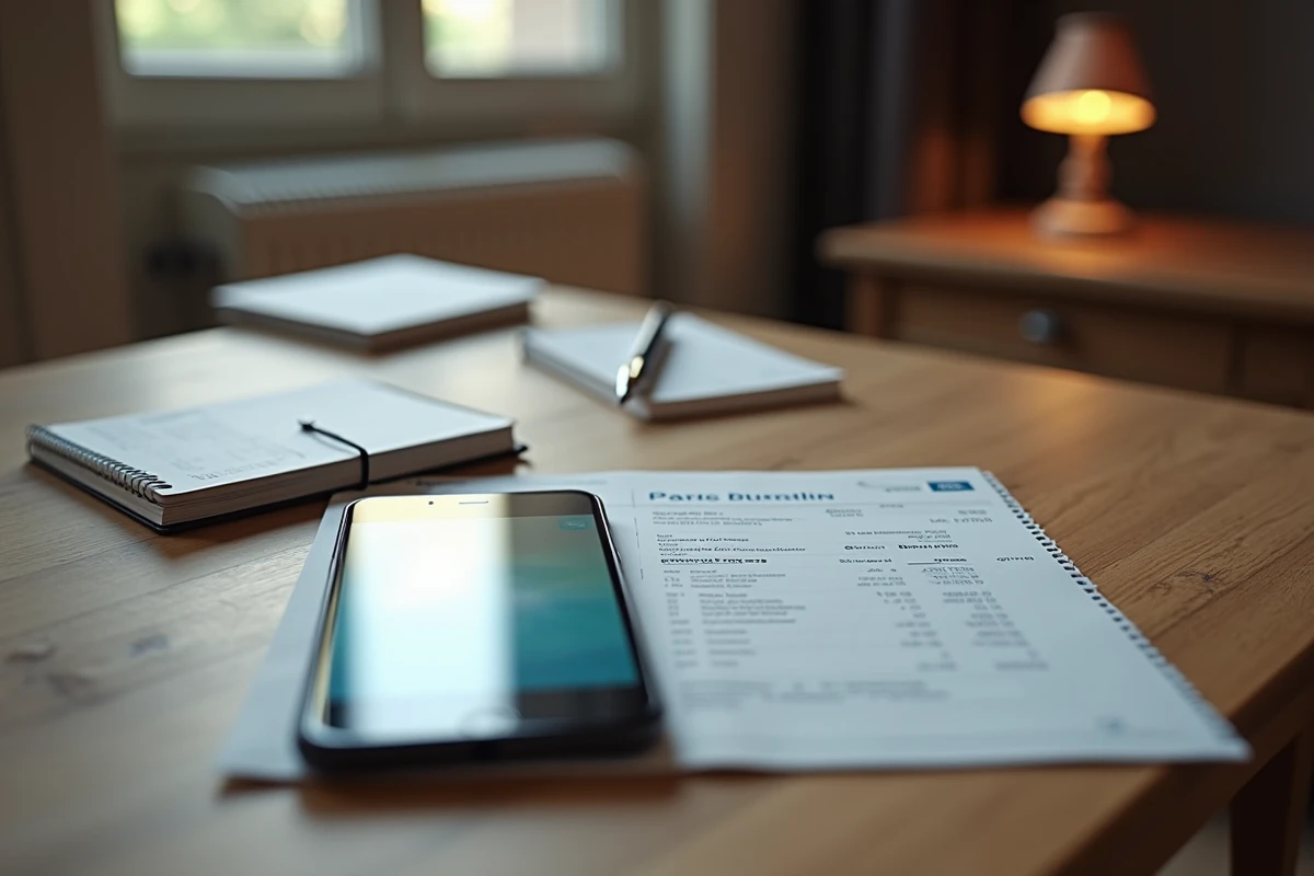 Livret bancaire français et smartphone affichant une application bancaire posés sur un bureau, symbolisant la gestion d'un compte courant dans le cadre de l'ASPA