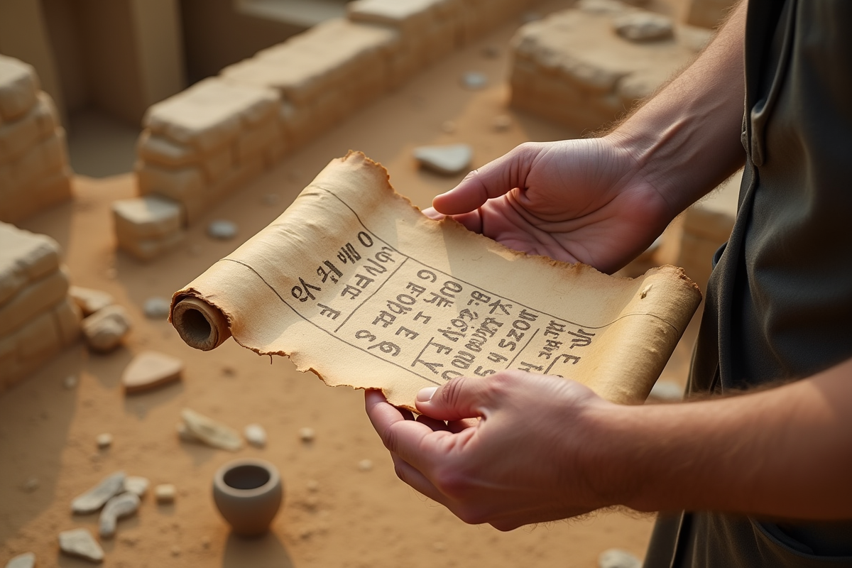Mains d’un archéologue tenant un papyrus ancien avec hiéroglyphes