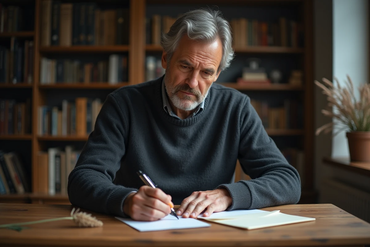 Homme d'âge mûr écrivant un message de condoléances manuscrit à son bureau en bois, enveloppe blanche et fleur séchée posées à côté