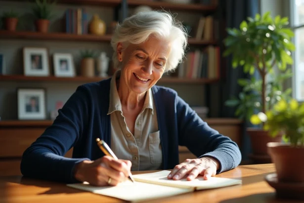 Femme écrivant un message de retraite à la main avec un stylo plume sur du papier crème, assise à un bureau en bois chaleureux