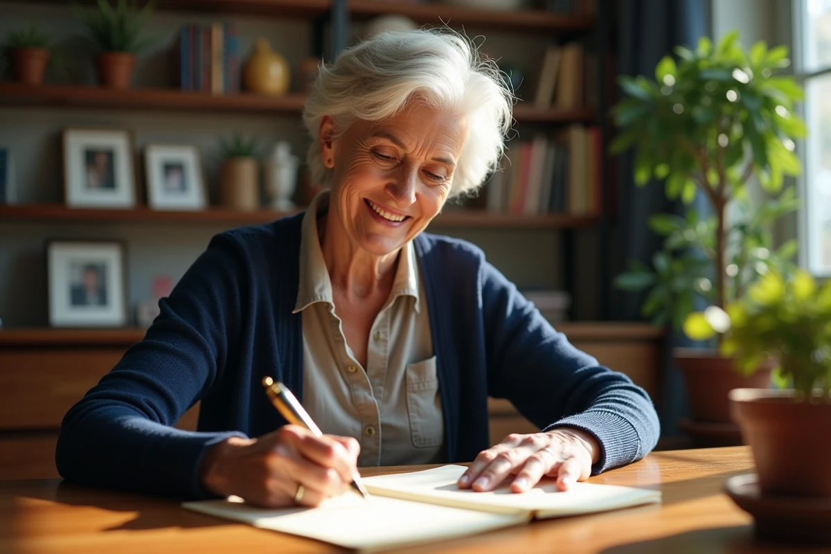 Femme écrivant un message de retraite à la main avec un stylo plume sur du papier crème, assise à un bureau en bois chaleureux