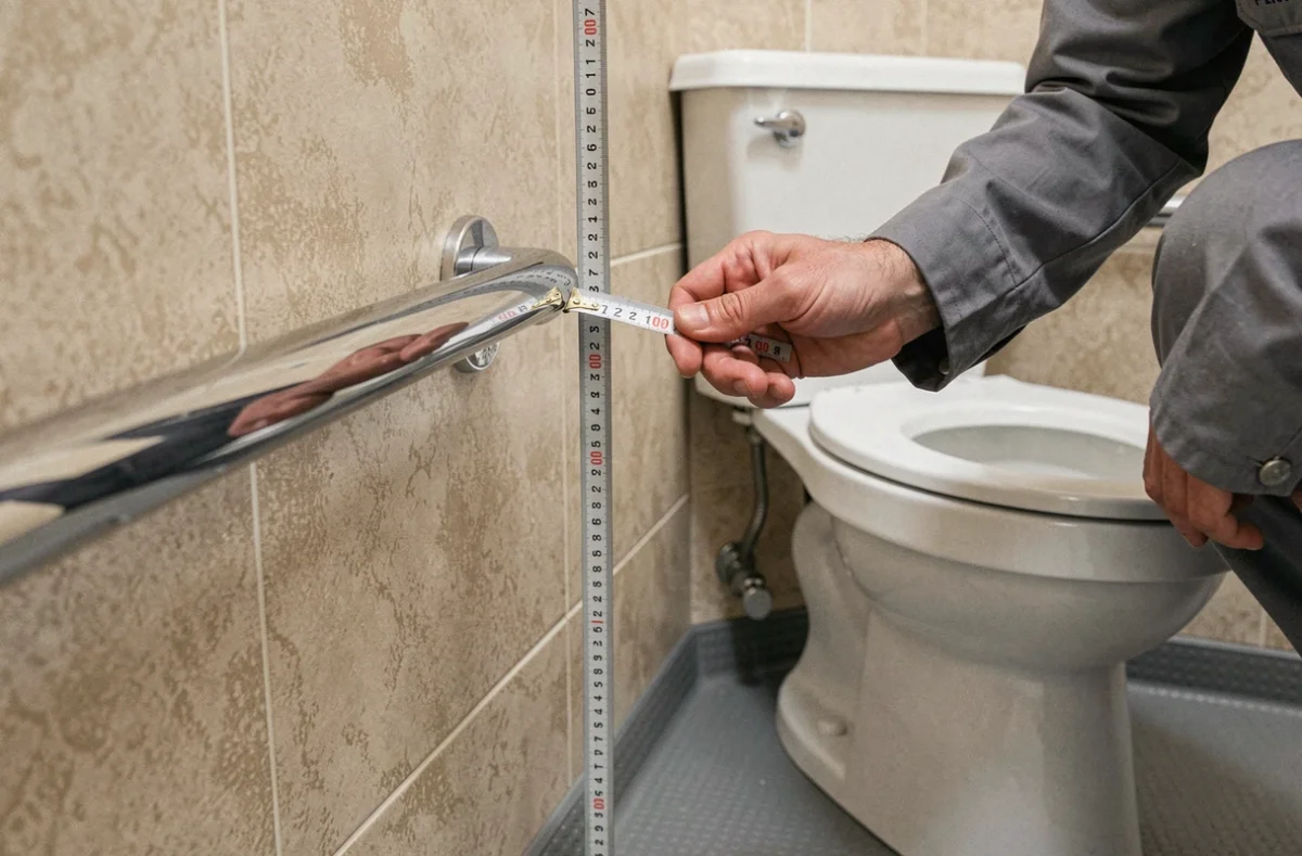 Professionnel mesurant la hauteur réglementaire d'une barre d'appui PMR par rapport au sol dans des toilettes accessibles