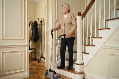 Femme âgée utilisant un monte-escalier debout sans installation dans un couloir d'appartement français