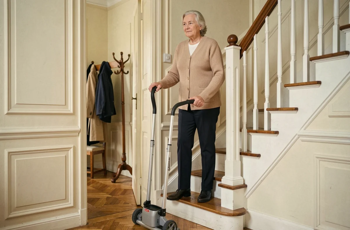 Femme âgée utilisant un monte-escalier debout sans installation dans un couloir d'appartement français