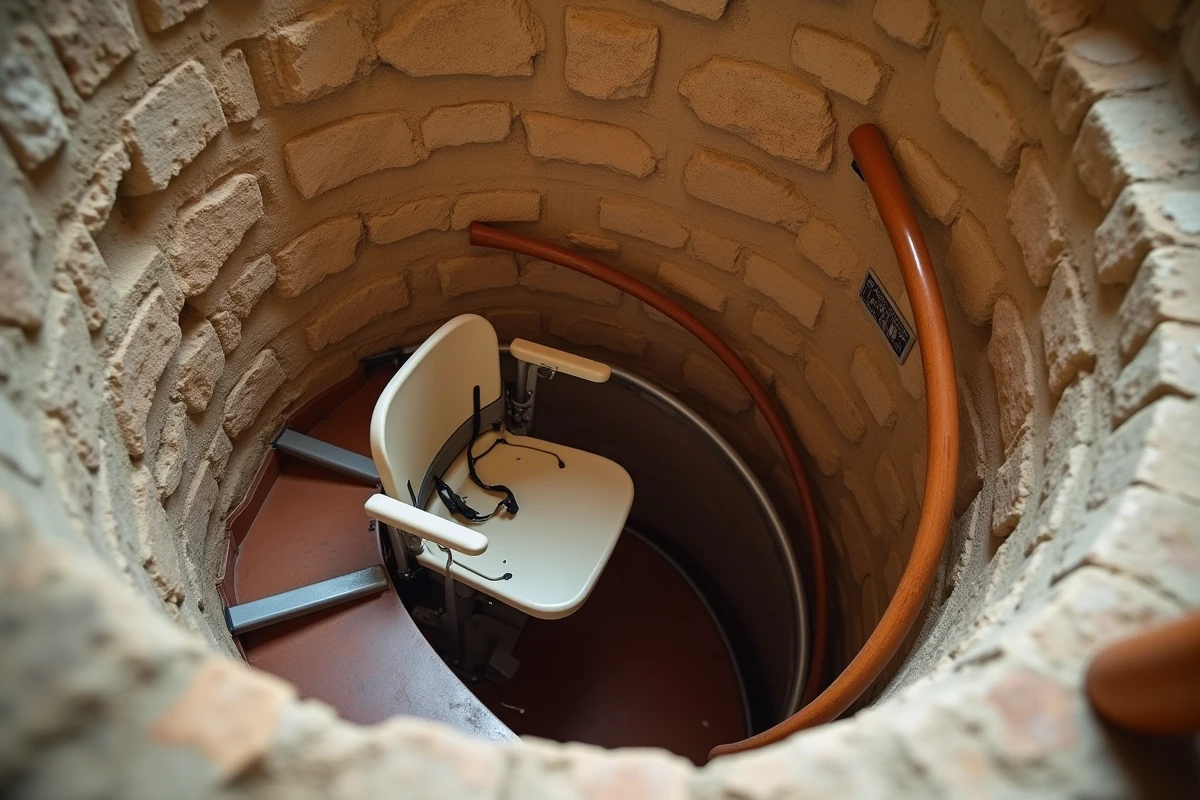 Monte escalier portable installé sans travaux sur un escalier en colimaçon en pierre dans une maison ancienne