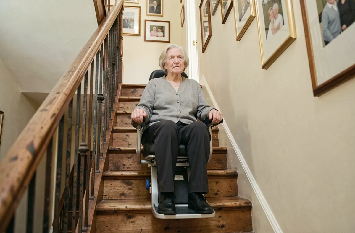 Monte escalier compact pour escalier étroit dans une maison ancienne avec une personne âgée