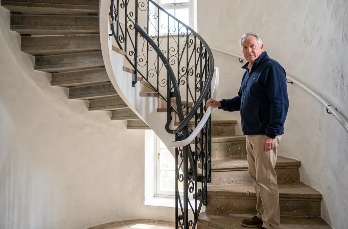 Monte escalier portable installé sur un escalier en colimaçon en pierre dans une ferme rénovée