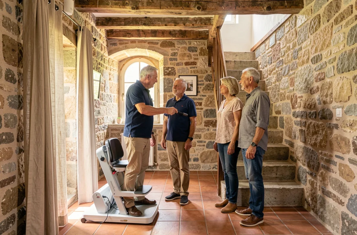 Démonstration d'un monte-escalier debout portable dans un gîte de location en pierre avec un couple de seniors