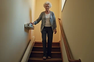 Monte escalier sans installation fixe sur escalier étroit dans un appartement, utilisé par une personne âgée