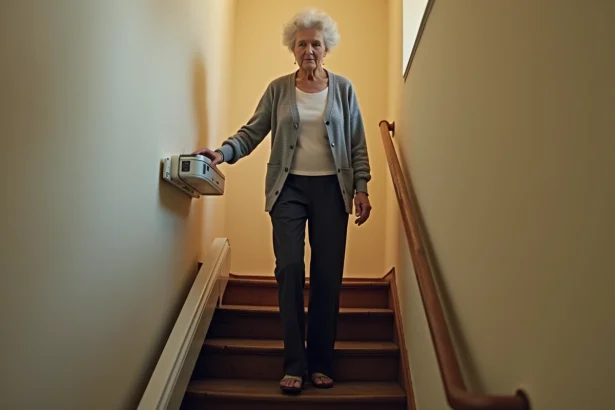 Monte escalier sans installation fixe sur escalier étroit dans un appartement, utilisé par une personne âgée