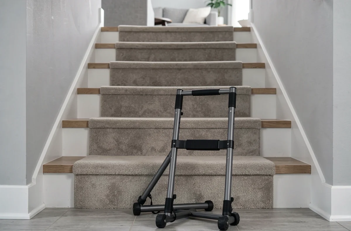 Monte-escalier debout autonome sans fixation murale posé au pied d'un escalier dans un appartement en location courte durée