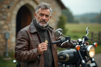 Motard avec médaille Saint Christophe et moto ancienne