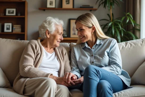 Mère âgée et fille assises sur un canapé chaleureux