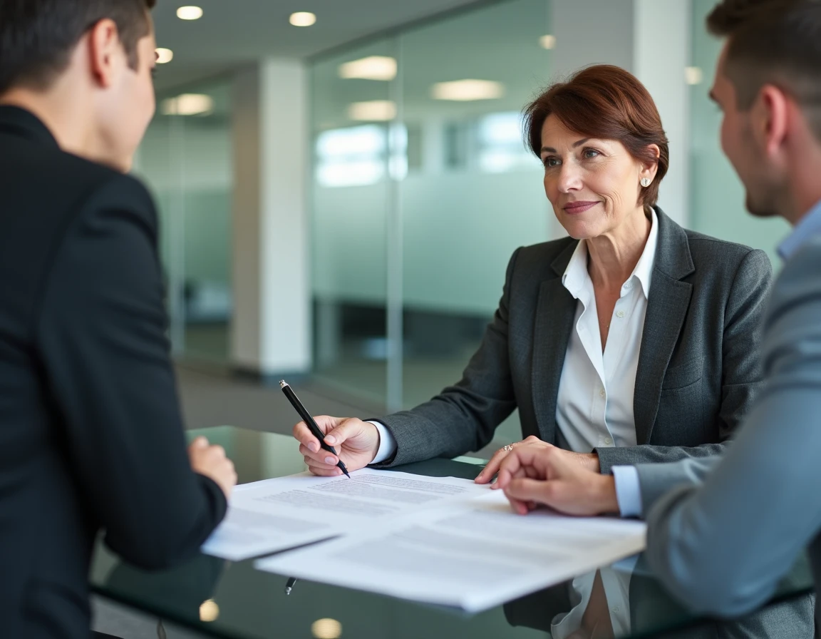 Femme senior en entretien professionnel discutant des clauses d'un contrat CDI avec un responsable RH dans une salle de réunion d'entreprise