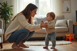 Jeune nounou jouant avec un enfant en bas âge dans un salon chaleureux et familial