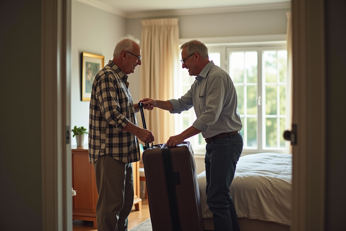 Homme âgé déballant sa valise avec son fils dans la chambre