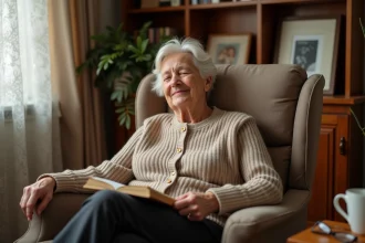 Femme âgée qui s'endort dans son fauteuil en après-midi, signe possible d'une somnolence excessive chez la personne âgée