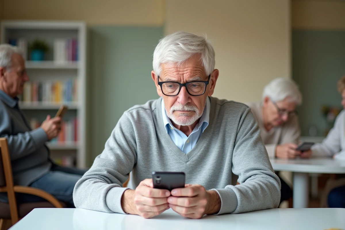 Un homme âgé en maison de retraite essaie de naviguer seul sur son smartphone avec difficulté
