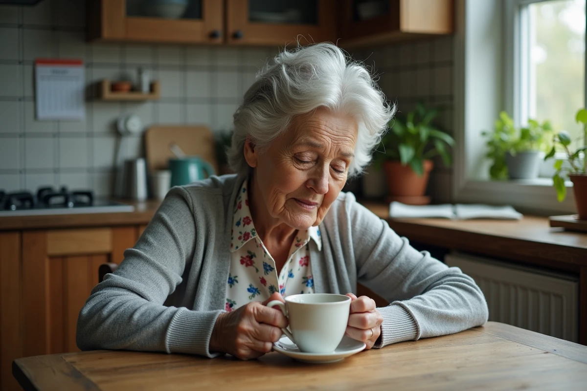 Personne âgée qui s'endort à la table de cuisine devant sa tasse de thé, signe d'une fatigue ou somnolence anormale