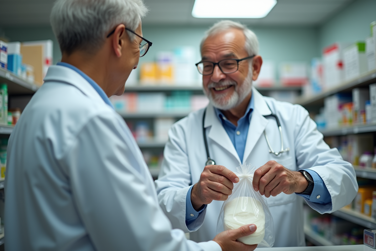 Pharmacien remettant un sac discret avec des produits d incontinence à un homme age
