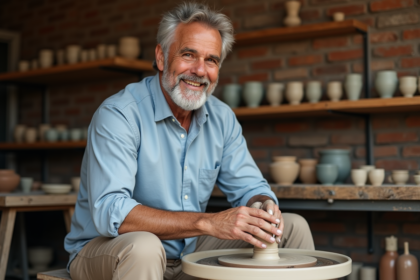 Homme de 70 ans façonnant de la terre dans un atelier artisanal