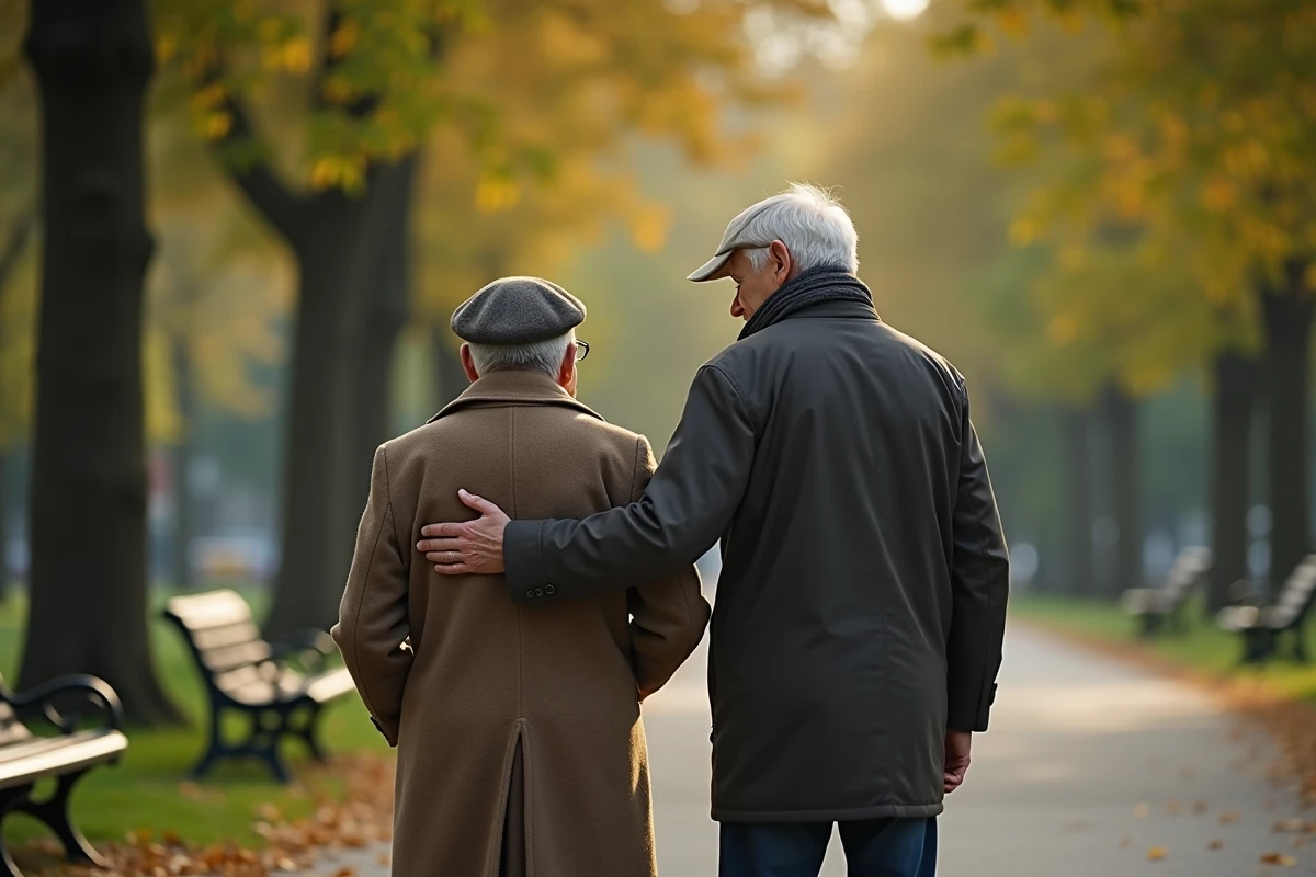 Père âgé et son fils se promènent dans un parc automnal