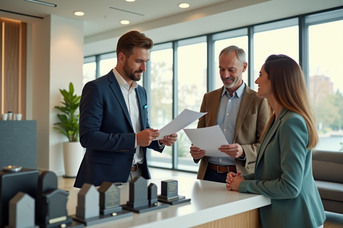 Agence funeraire moderne avec conseiller et clients dans la reception